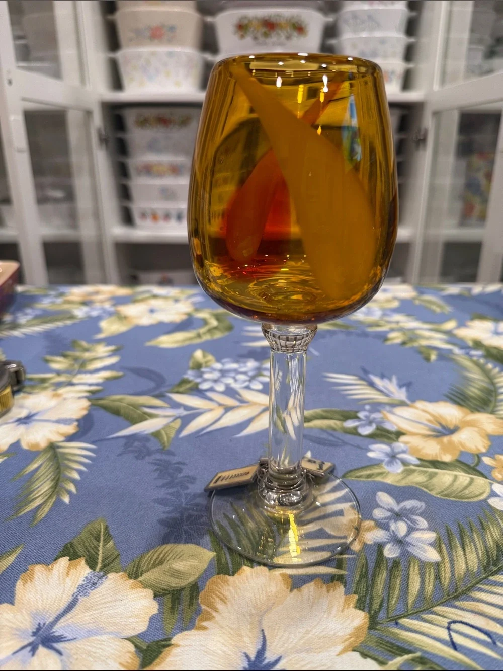 Amber hand blown Stemmed Wine Glass with Clear Stem - Home Dining Drinkware